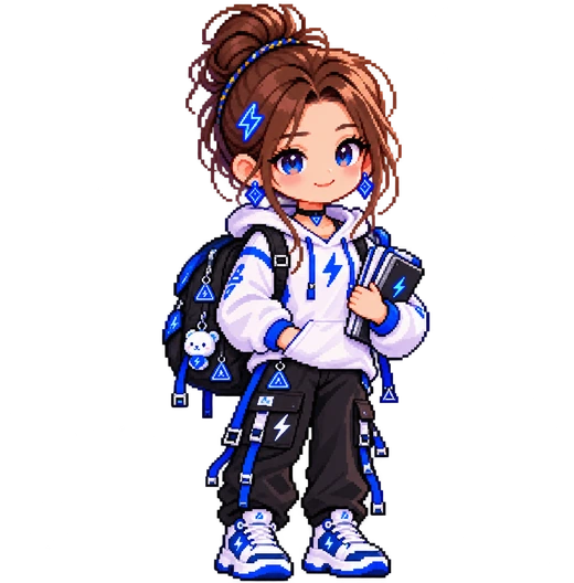 Tiny, the mascot, in a white hoodie with a blue lightning bolt, holding books